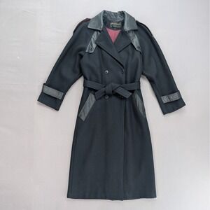 Vintage David Benjamin Wool Leather Trim Long Trench Coat Black Size 8